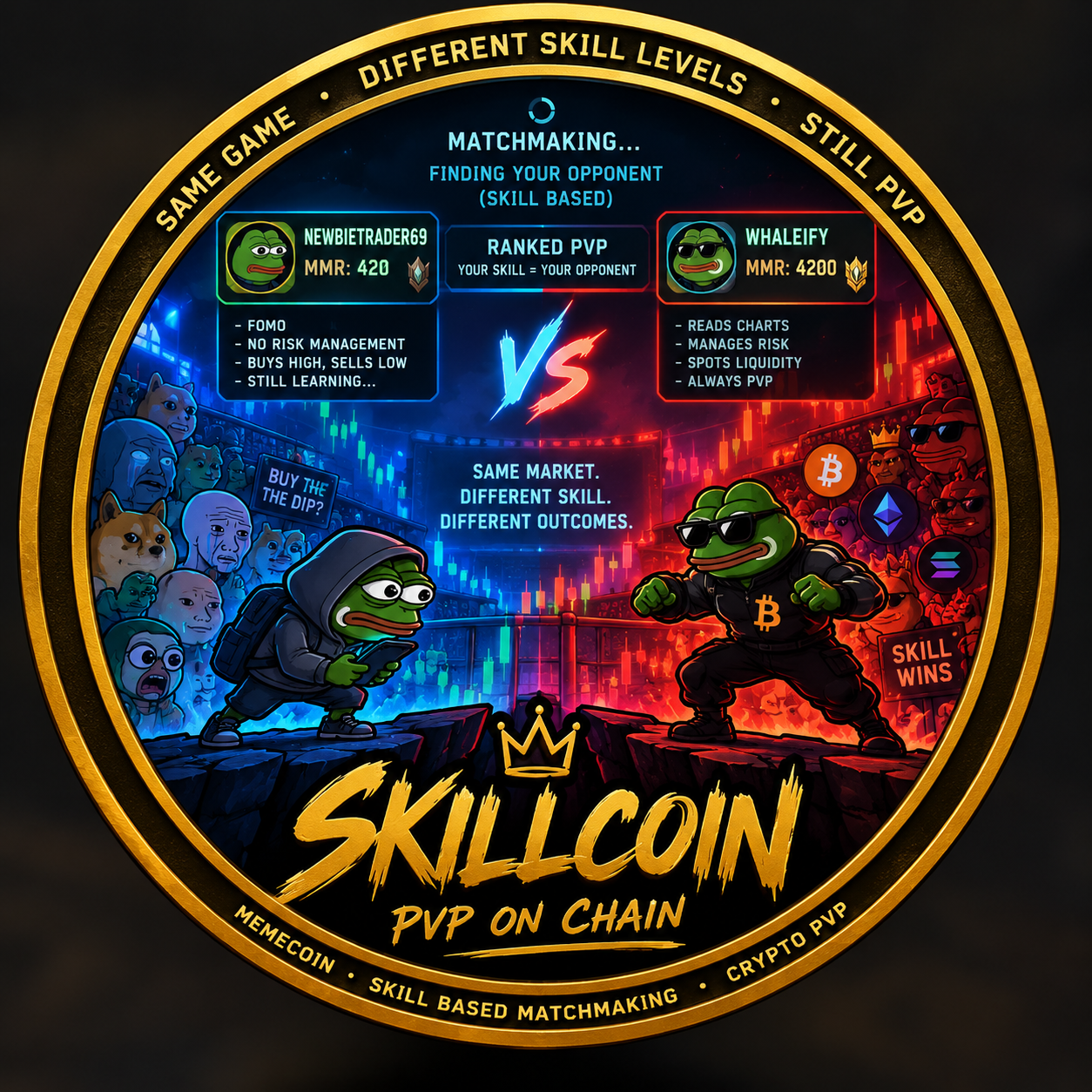 SKILLCOIN artwork: a blue-versus-red crypto PvP arena